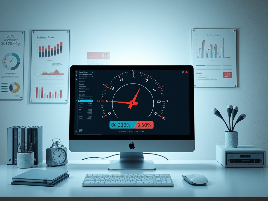 A sleek workspace featuring an iMac displaying performance metrics and graphs, with books and a clock nearby.