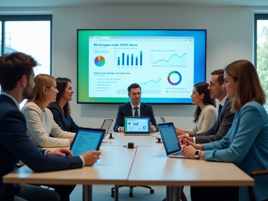 Group of professionals engaged in a business meeting with digital presentations and data charts.