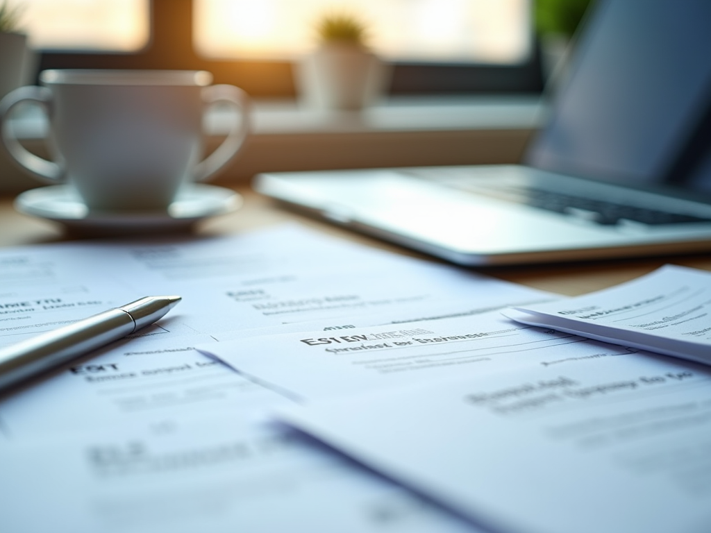 A workspace scene with documents, a pen, coffee cup, and laptop on a desk in morning light.