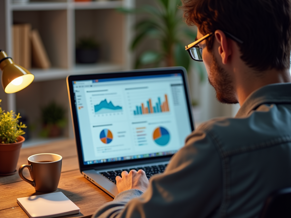 Man analyzing data charts on laptop at a cozy home office desk.