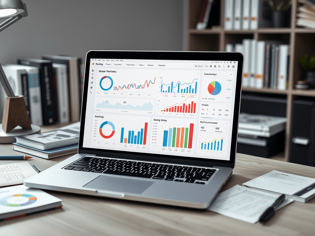 A laptop displaying various data visualization graphs and charts sits on a desk with a lamp and notebooks around it.
