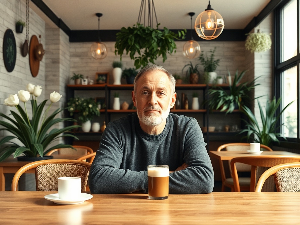A thoughtful older man sitting at a wooden table in a cozy café, with plants and decorative shelves behind him.