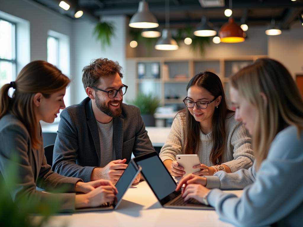 Four colleagues collaborating around a table with laptops and digital tablets in a modern office.