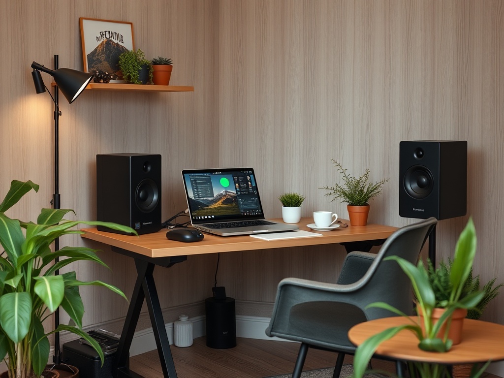 A cozy workspace featuring a laptop, speakers, plants, and a cup on a wooden desk with a lamp.