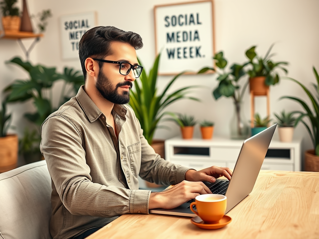 A man in glasses works on a laptop, seated at a table with a cup of coffee and surrounded by indoor plants.