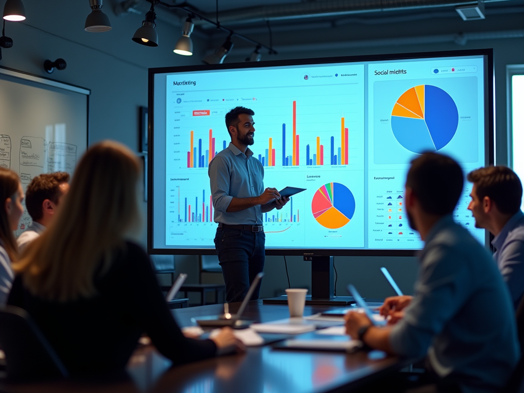 Man presenting marketing data charts during a team meeting in a modern office.