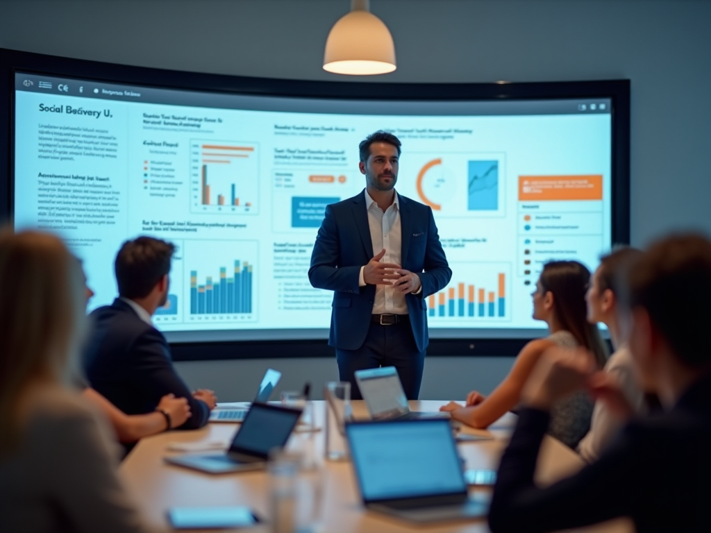 Man presenting business data on a screen to a group of attentive colleagues in a meeting room.