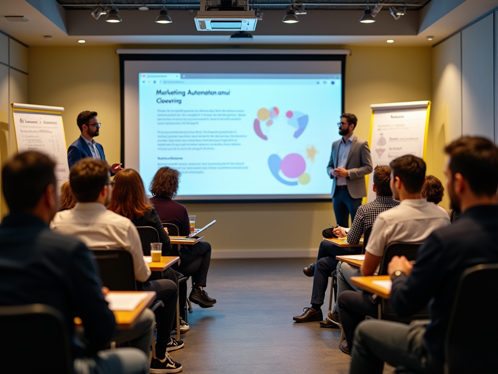 Business professionals attending a marketing automation seminar led by two speakers in a conference room.