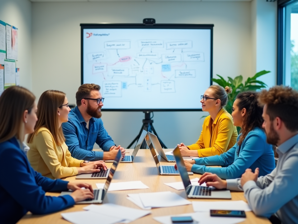 Group of professionals discussing a flowchart in a business meeting.