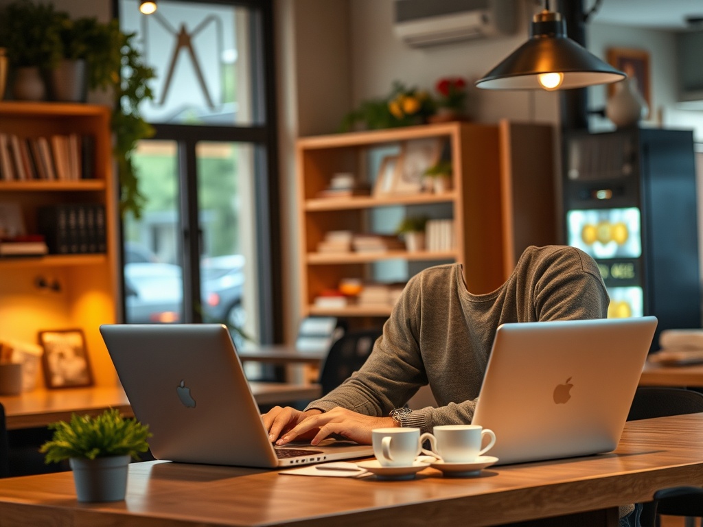 A headless person working on two laptops in a cozy café setting with plants and coffee cups.