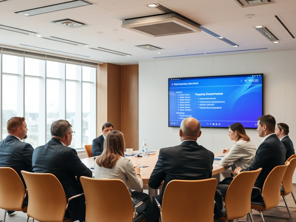 A group of professionals in suits sits around a conference table with a screen displaying presentation content.
