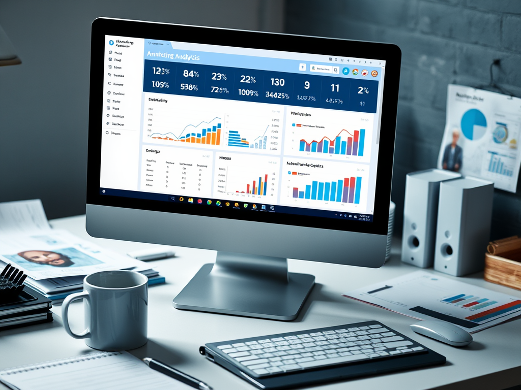 A computer monitor displays various charts and graphs, alongside a coffee mug and paperwork on a desk.