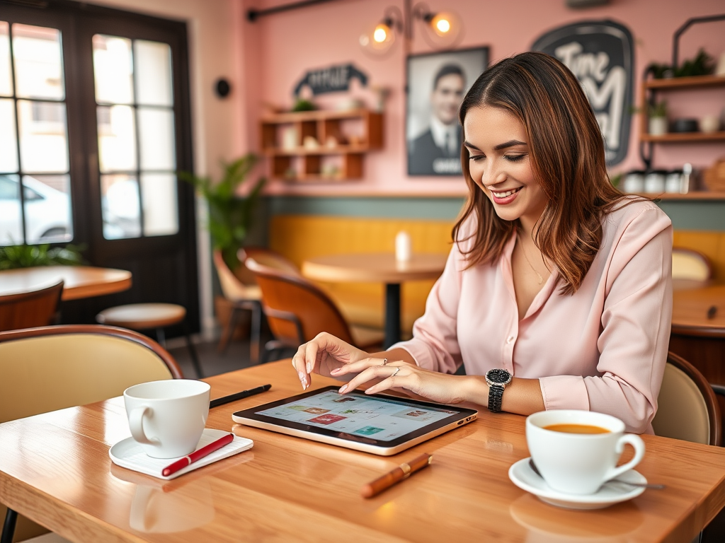 A woman in a café smiles while using a tablet, with coffee cups and a pen on the wooden table.