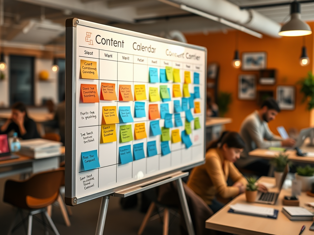 A colorful content calendar displayed on a board with coworkers collaborating in a modern office space.