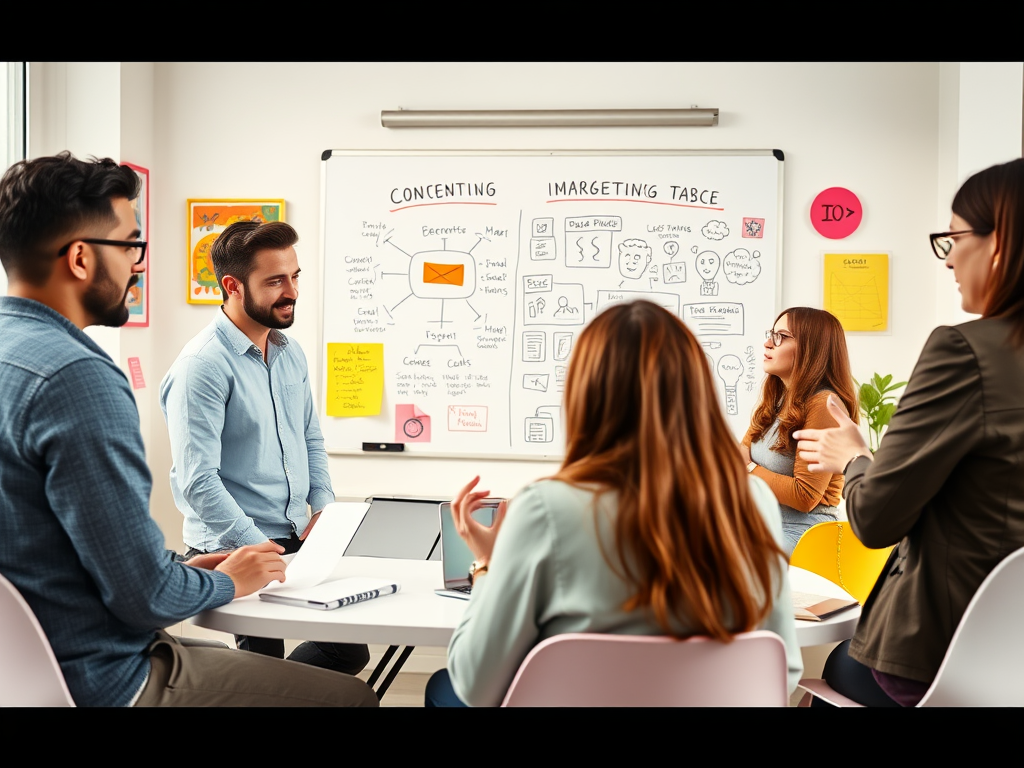 A group of professionals discusses strategies in a bright meeting room with a whiteboard full of notes and diagrams.