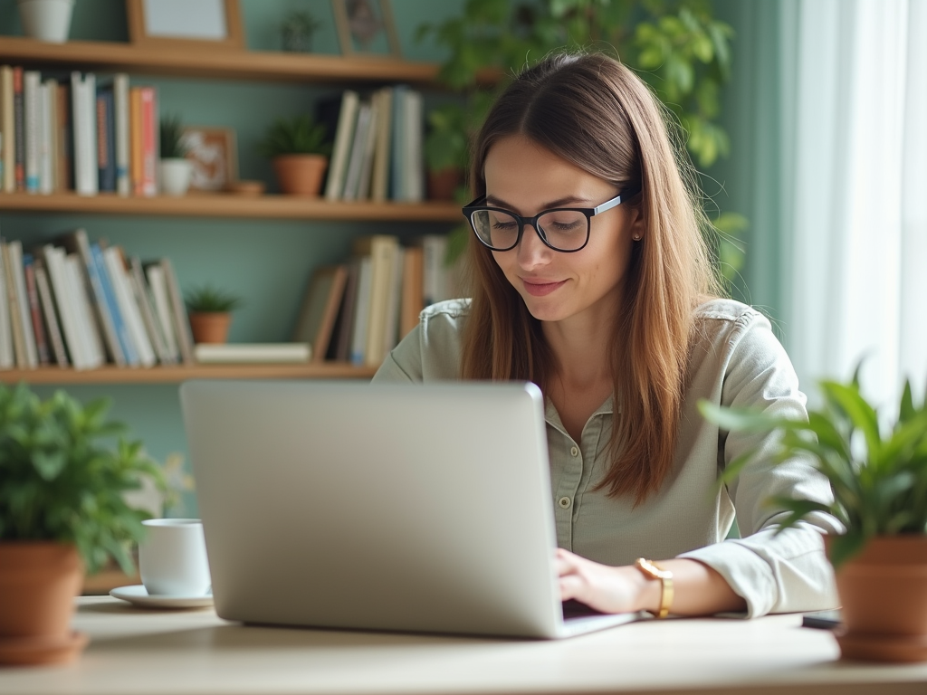 Woman in glasses working on laptop at a desk with potted plants and bookshelves in the background.