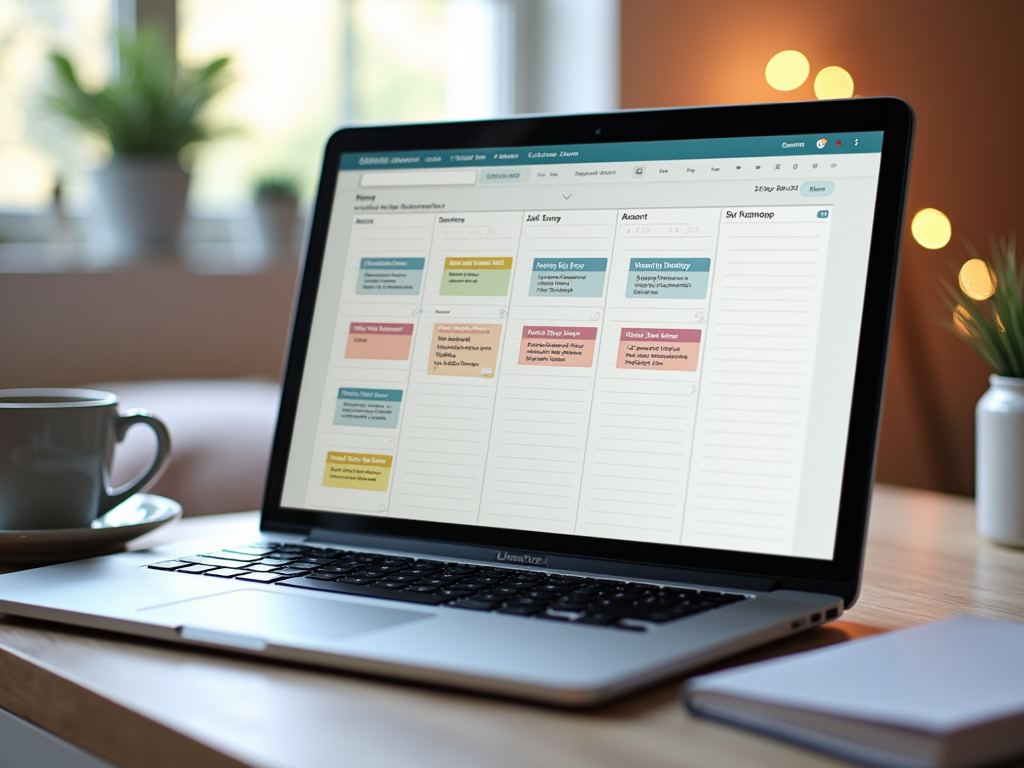 A laptop displaying a scheduling app with colorful task boxes on a wooden desk, next to a cup of coffee.