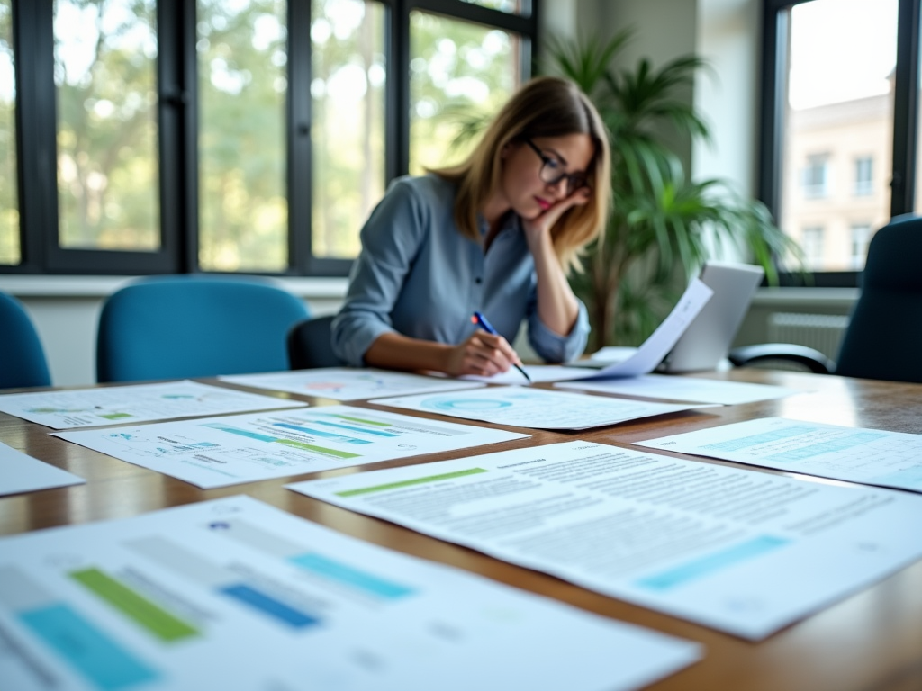 A focused woman works at a table covered with documents, while sitting in a well-lit office with plants.