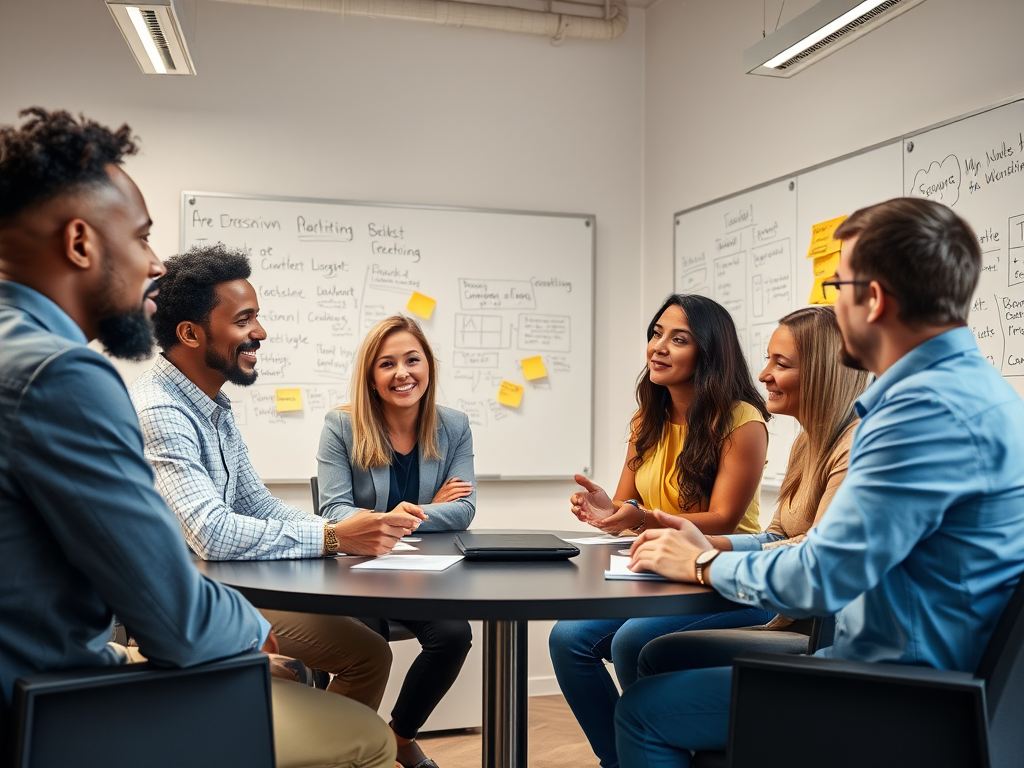 A diverse group of six professionals engaged in a collaborative meeting around a table, discussing ideas.