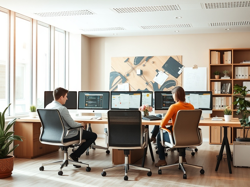 A modern office featuring two people working at desktop computers amidst large windows and stylish furniture.
