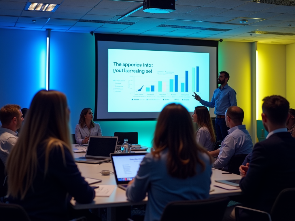 A meeting with a speaker presenting data on a screen, while attendees engage and observe in a modern conference room.