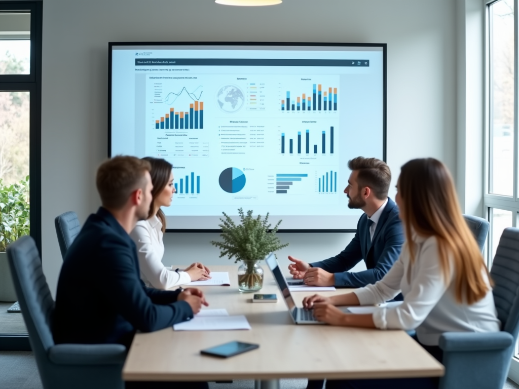 Four professionals analyzing data on a large screen in a modern office.