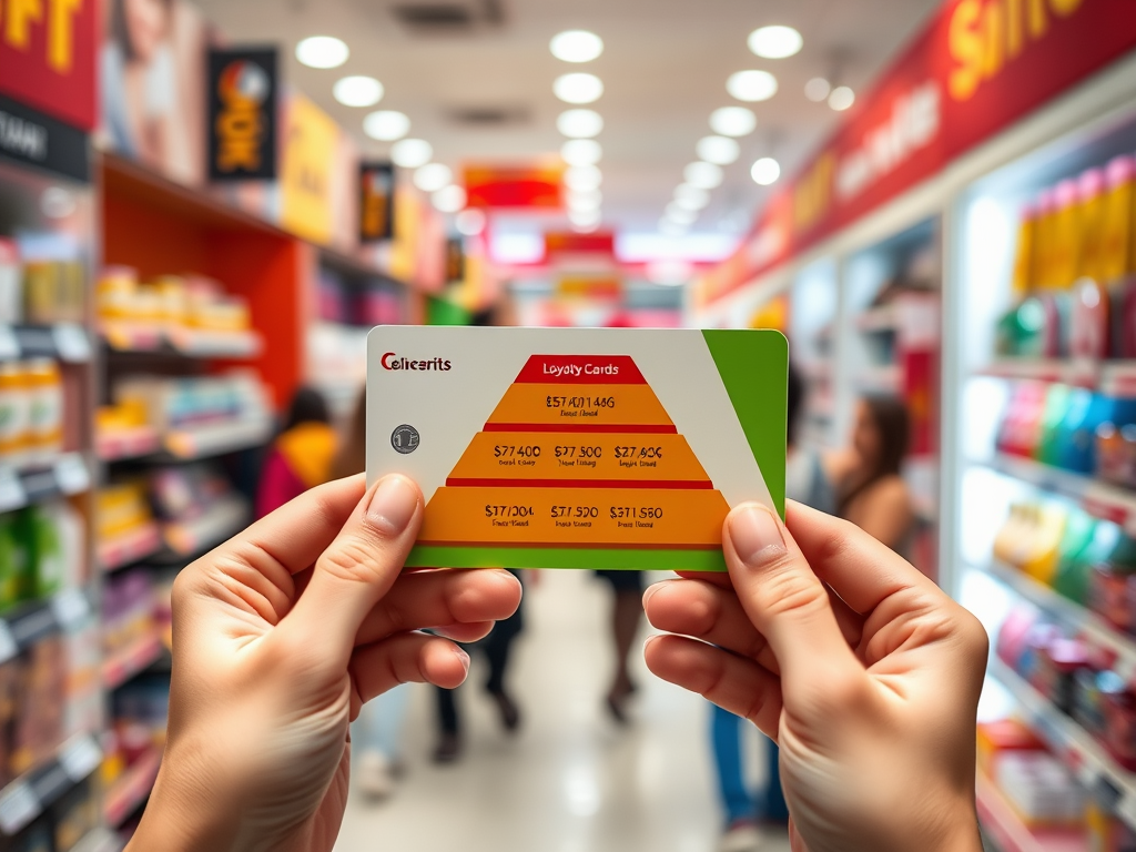 A person holds a color loyalty card in a store aisle, surrounded by brightly colored products on the shelves.
