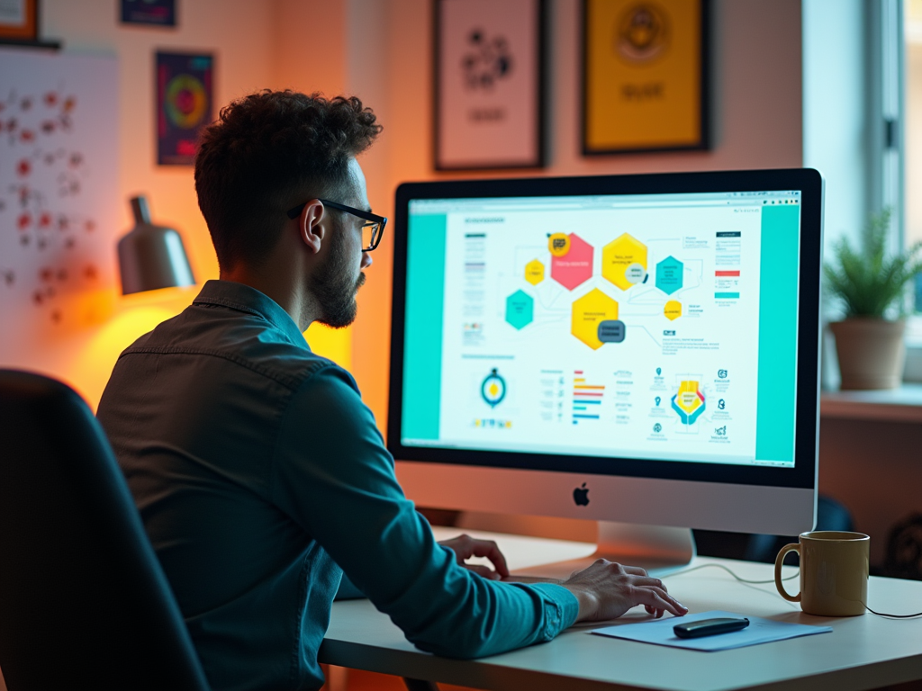 Man with glasses working on a computer at night, analyzing colorful digital data chart.