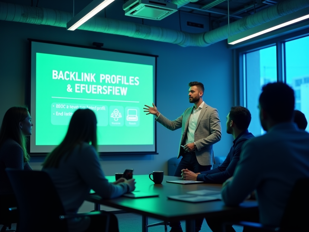 Man presenting on "Backlink Profiles & EFUERSFIEW" to attentive audience in a boardroom.