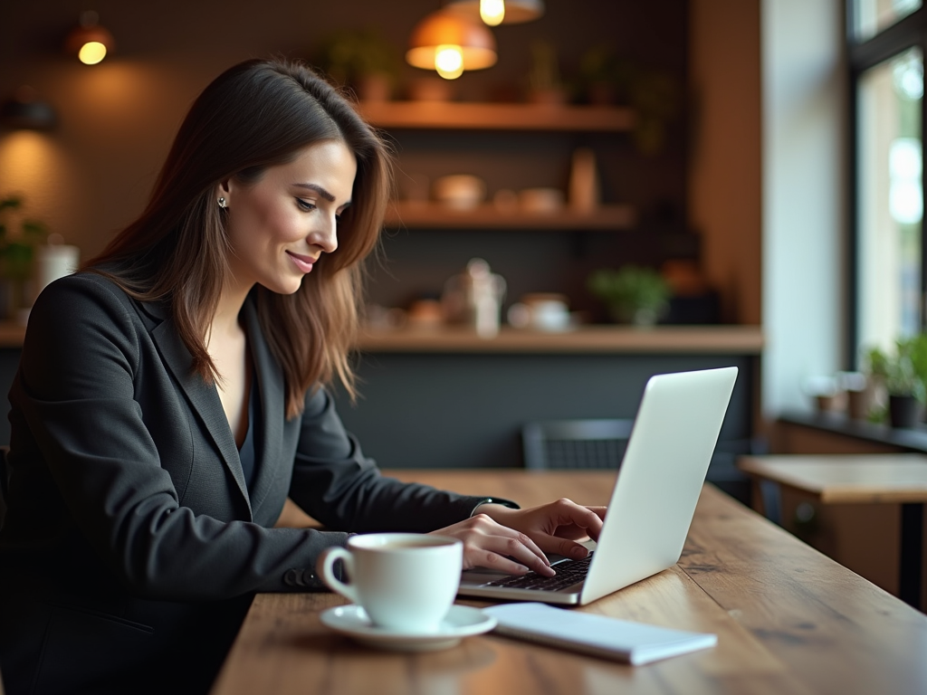 A woman in a suit works on a laptop at a café, with a cup of coffee beside her and a cozy ambiance.