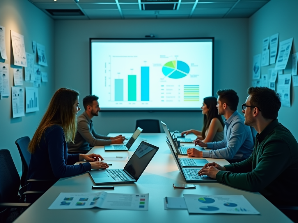 A group of professionals in a meeting room, working on laptops with graphs displayed on a screen behind them.