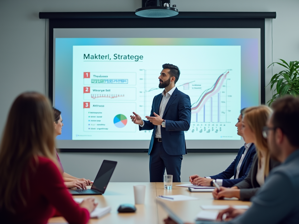 A businessman presents strategy insights in a meeting room, while an audience listens and takes notes.