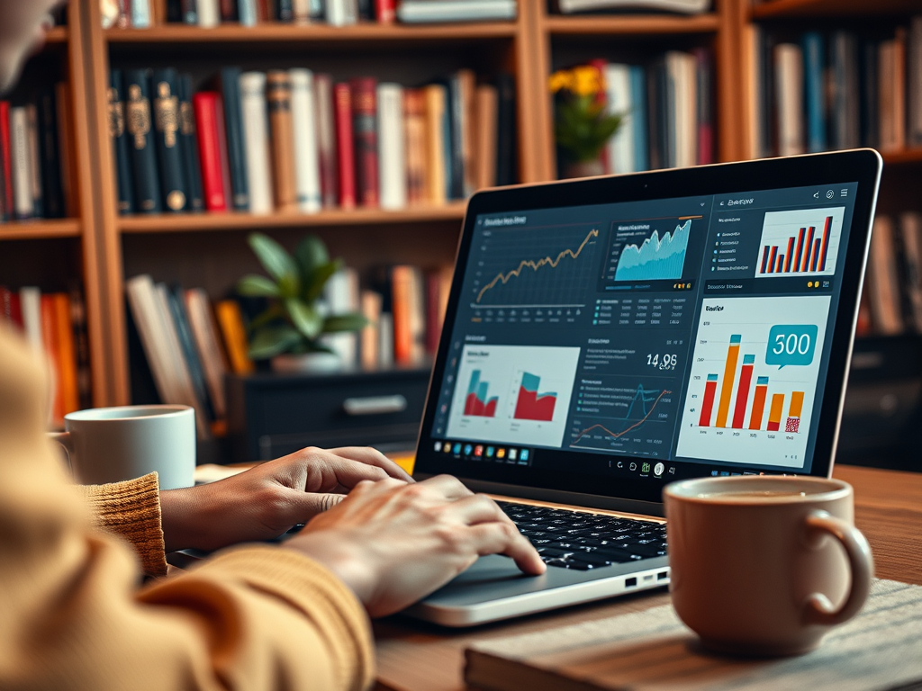 A person types on a laptop displaying various data charts, with coffee mugs on a wooden table and bookshelves in the background.