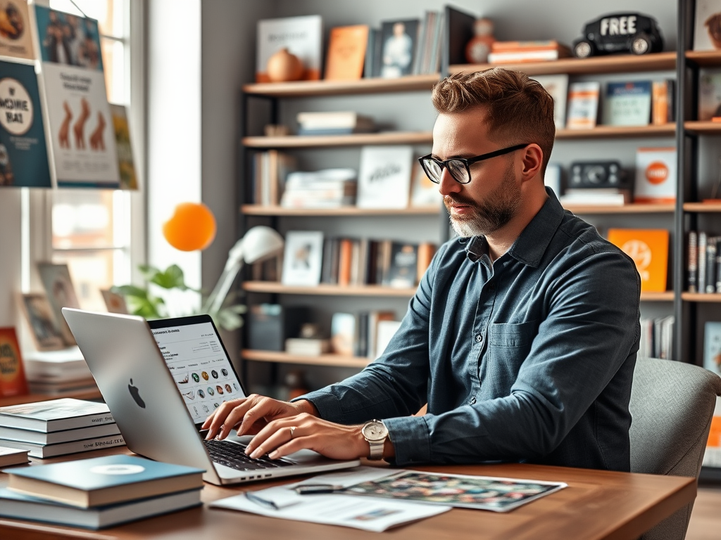 A man works on a laptop in a cozy, book-filled office, surrounded by decor and personal items.