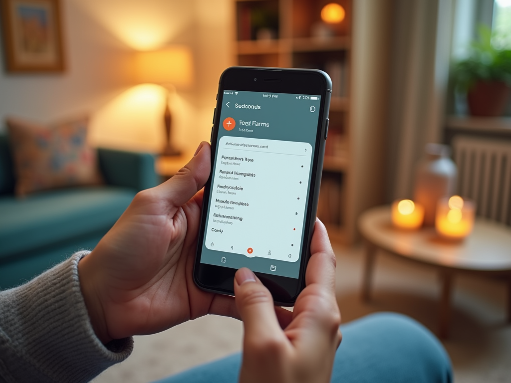 Person using a smartphone to view a list of food items in an app, with a cozy living room background.