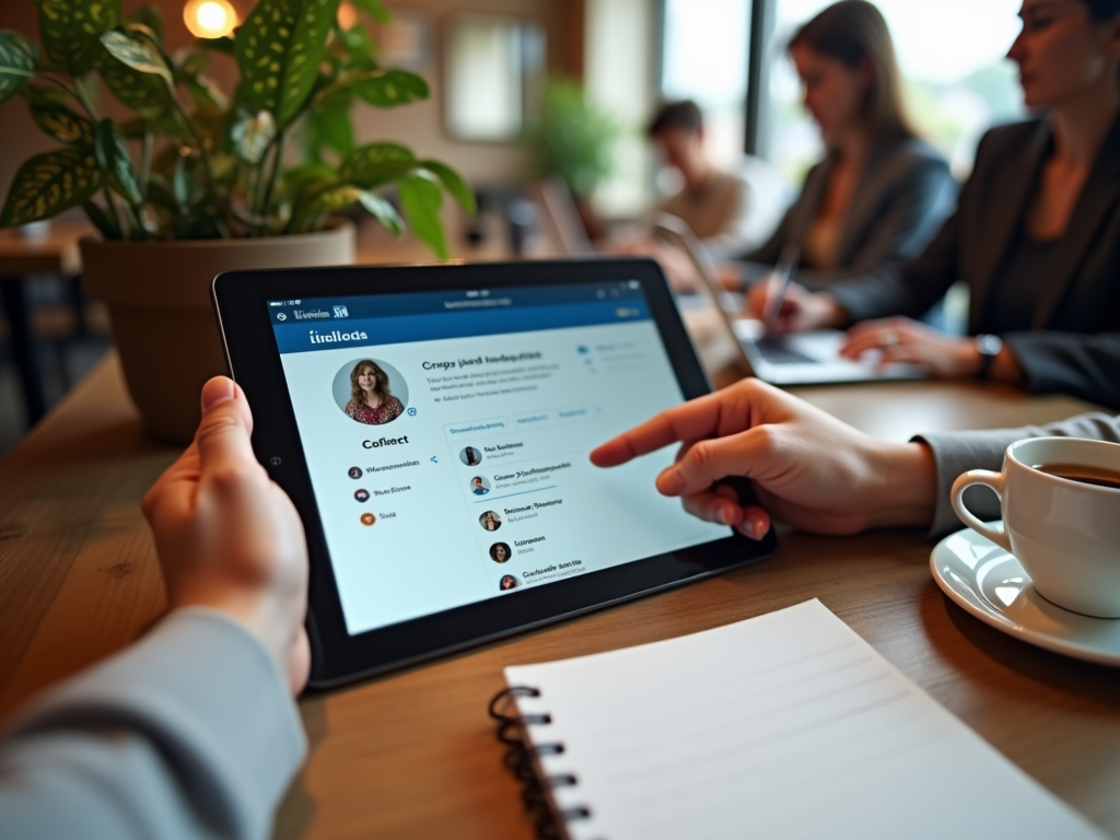 Woman reviewing a professional profile on a tablet during a business meeting in a cafe.