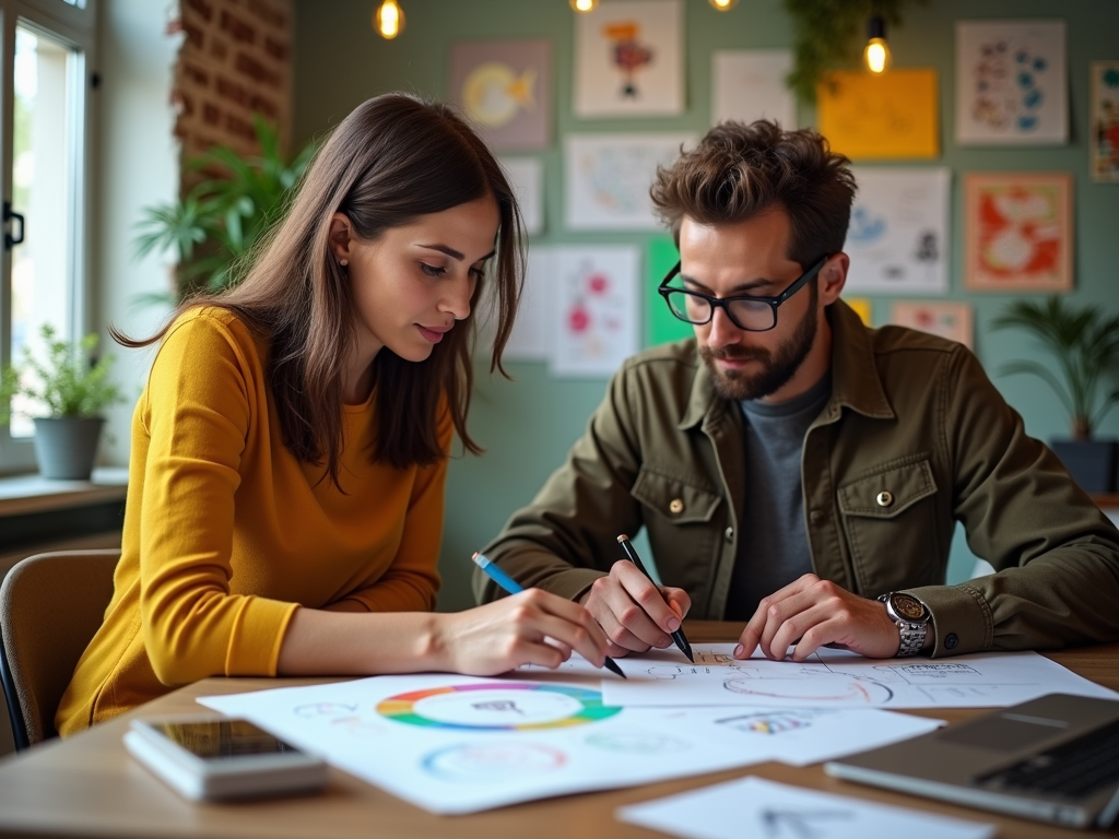 Two people collaborate on a creative project at a table, surrounded by colorful drawings in a cozy workspace.