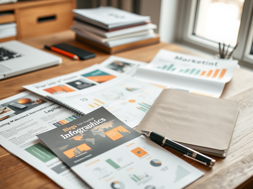 A desk with various documents and reports, including infographics, charts, a notebook, and a pen.