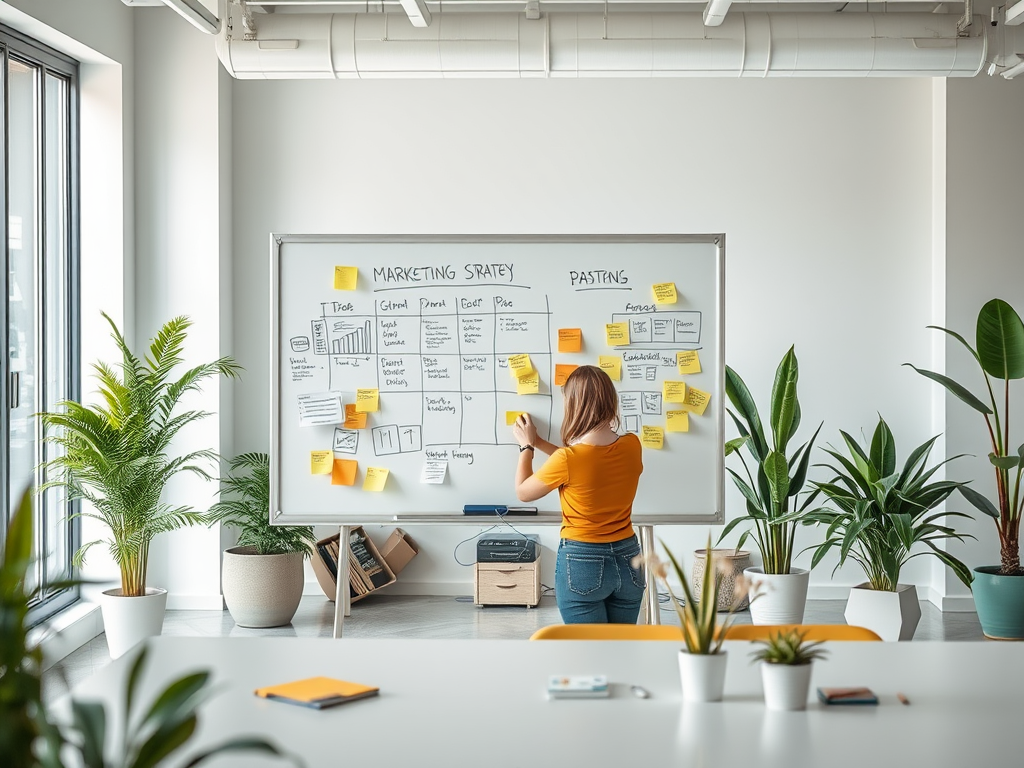 A woman stands in an office, organizing a marketing strategy board filled with sticky notes and charts.