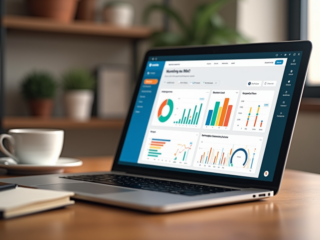 Laptop displaying colorful data charts on a marketing dashboard, placed on a table with a coffee cup and notebook.