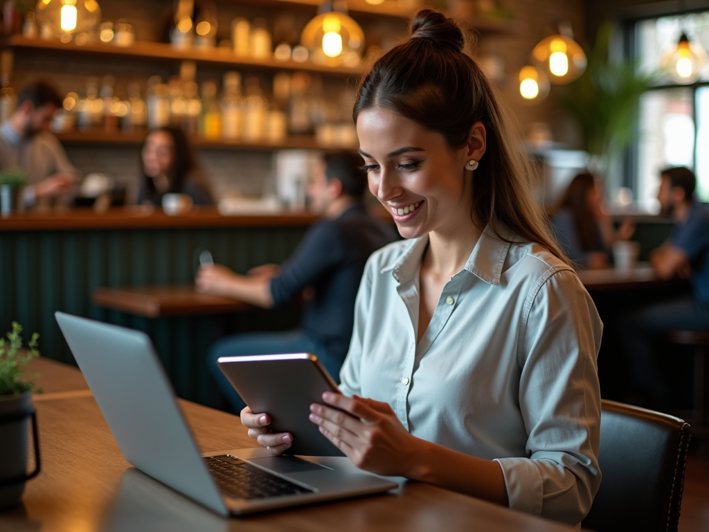 Woman smiling while using laptop and tablet in a busy cafe.