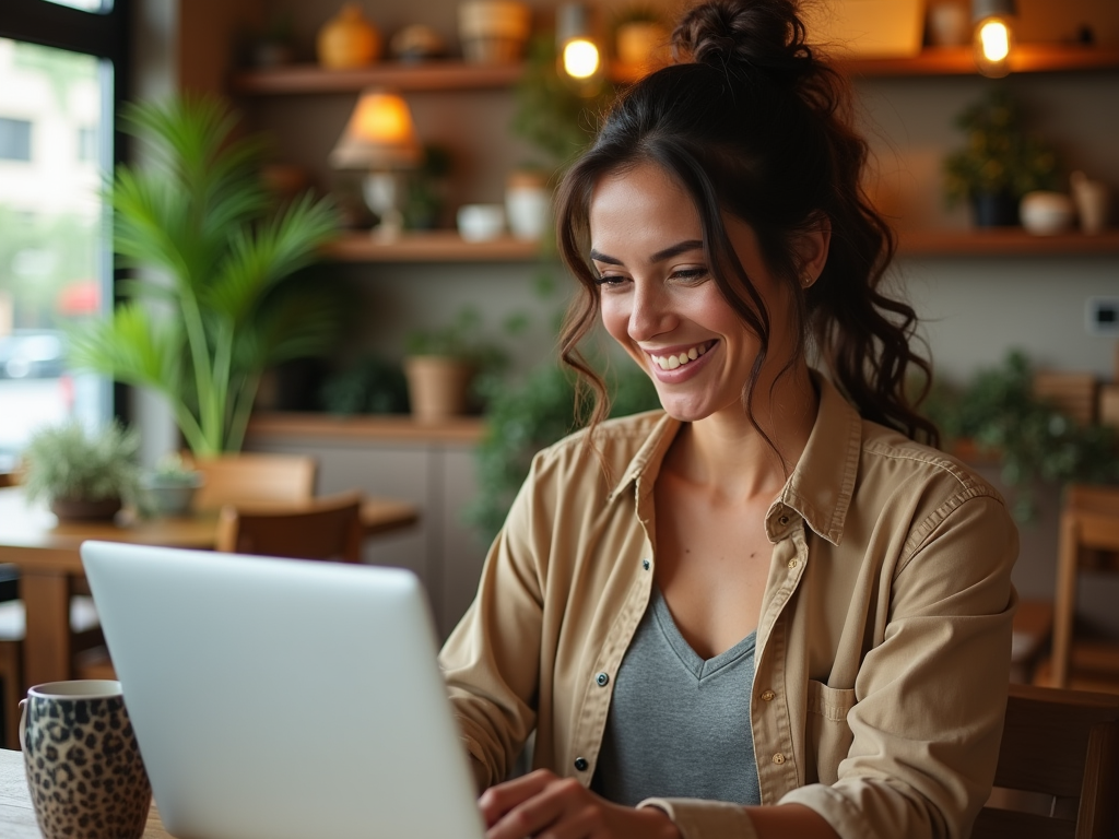 Smiling woman using laptop in cozy cafe setting with warm lighting.