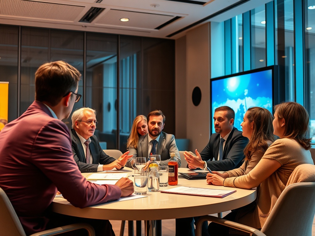 A group of professionals engaging in a discussion around a conference table in a modern office setting.